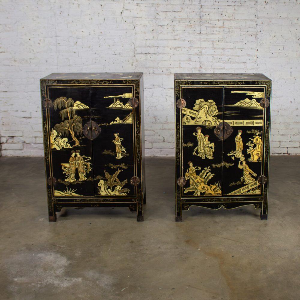 19th to 20th Century Pair of Japanese Textured Black Lacquer Chests w/Hand Painted Asian Details