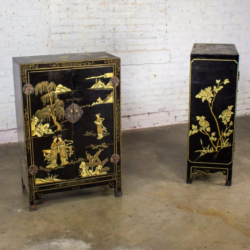 19th to 20th Century Pair of Japanese Textured Black Lacquer Chests w/Hand Painted Asian Details