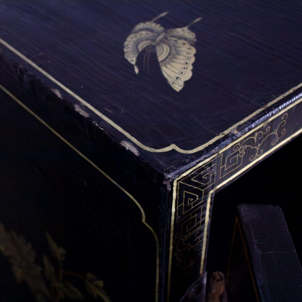 19th to 20th Century Pair of Japanese Textured Black Lacquer Chests w/Hand Painted Asian Details