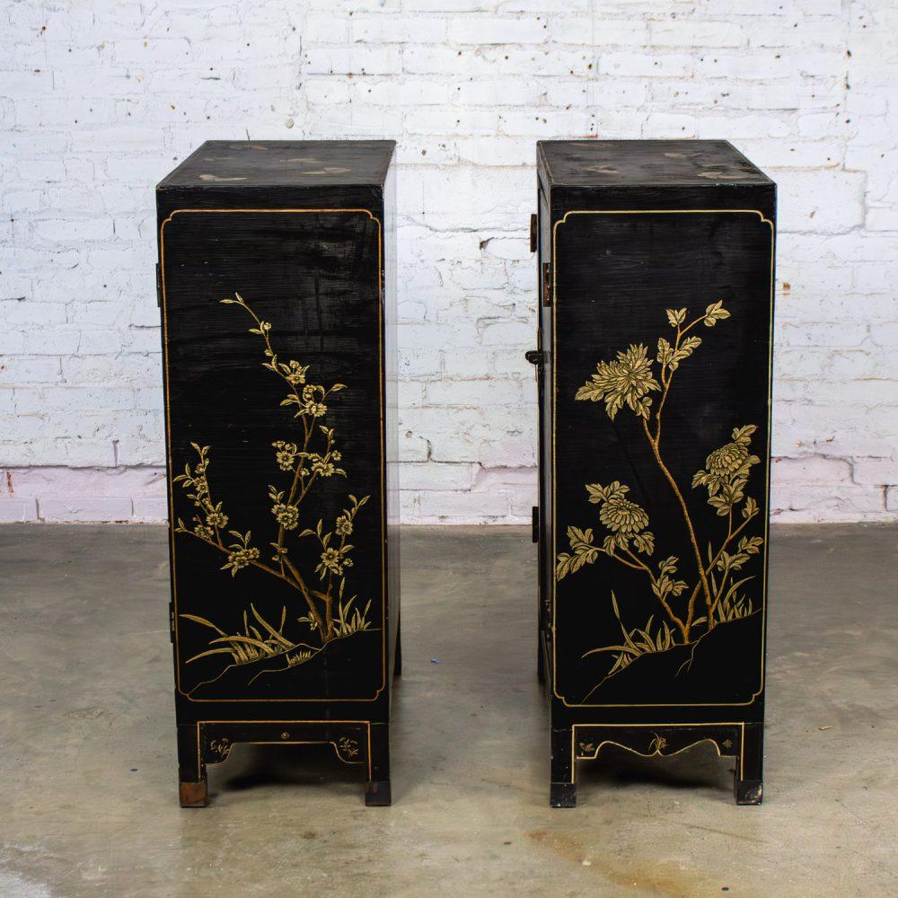 19th to 20th Century Pair of Japanese Textured Black Lacquer Chests w/Hand Painted Asian Details