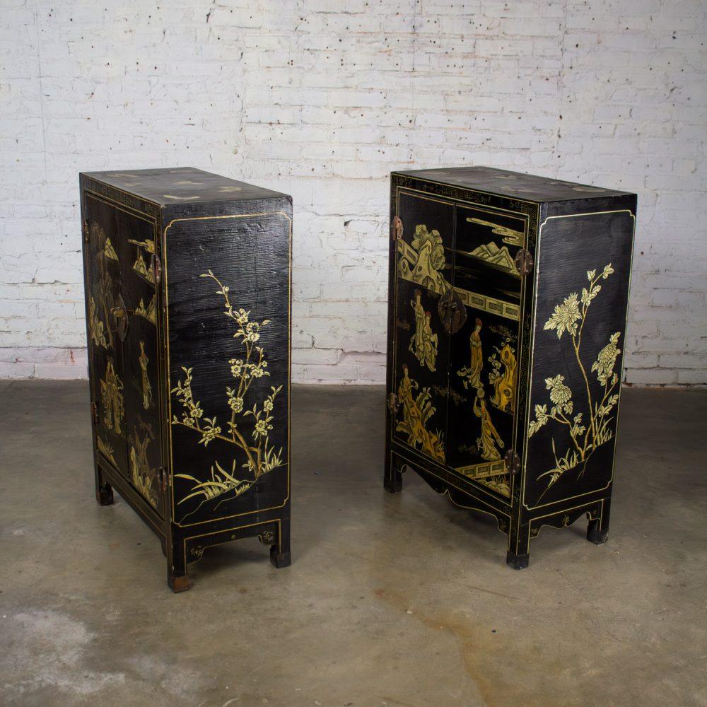 19th to 20th Century Pair of Japanese Textured Black Lacquer Chests w/Hand Painted Asian Details