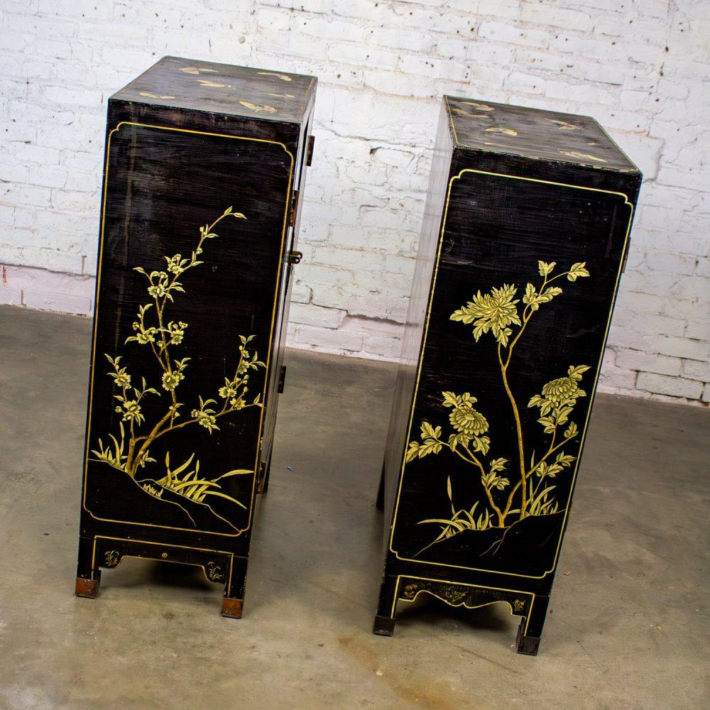 19th to 20th Century Pair of Japanese Textured Black Lacquer Chests w/Hand Painted Asian Details