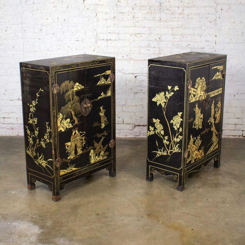 19th to 20th Century Pair of Japanese Textured Black Lacquer Chests w/Hand Painted Asian Details