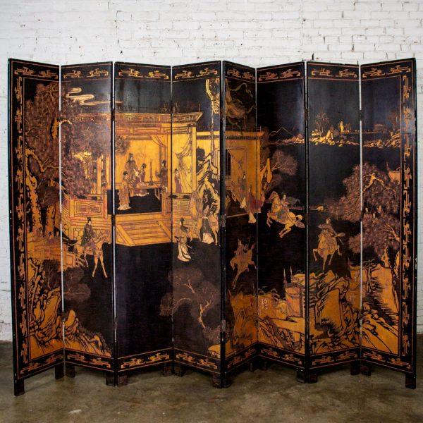 19th to 20th Century Chinese 8 Panel Black Coromandel Folding Screen w/Gilded & Hand Painted Intaglio Designs