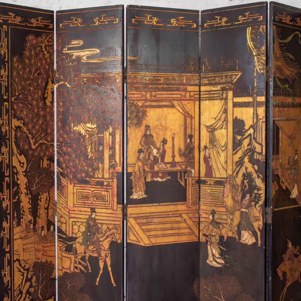 19th to 20th Century Chinese 8 Panel Black Coromandel Folding Screen w/Gilded & Hand Painted Intaglio Designs