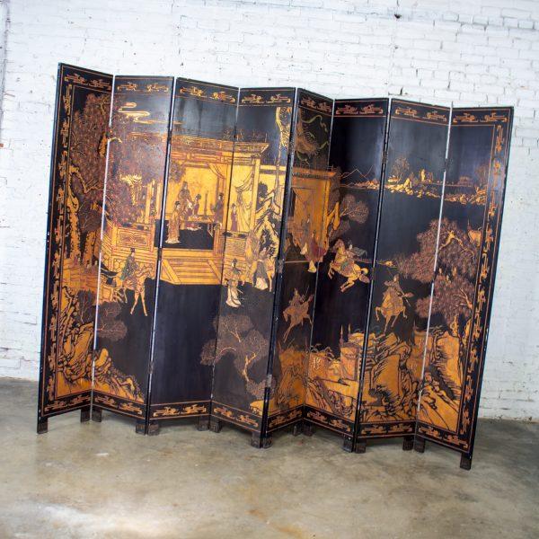 19th to 20th Century Chinese 8 Panel Black Coromandel Folding Screen w/Gilded & Hand Painted Intaglio Designs