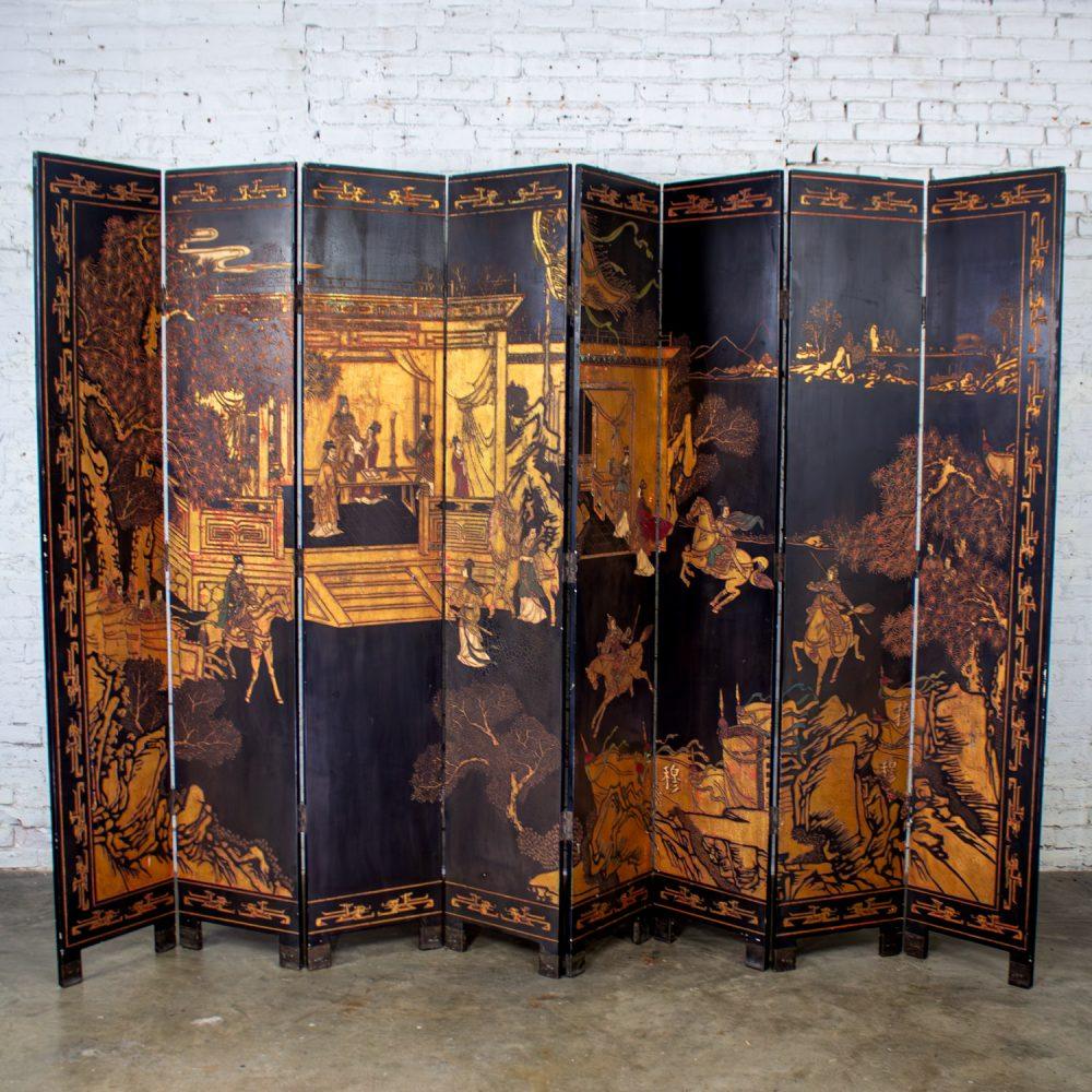 19th to 20th Century Chinese 8 Panel Black Coromandel Folding Screen w/Gilded & Hand Painted Intaglio Designs