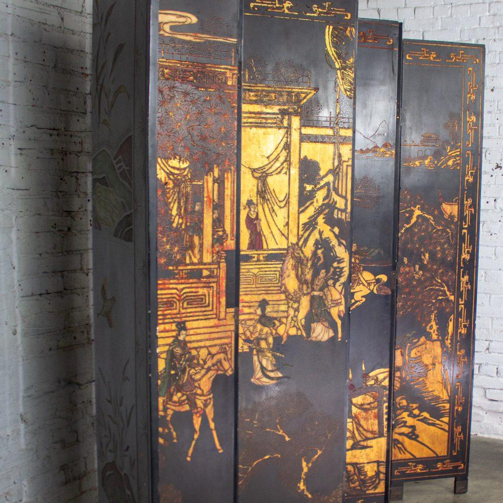 19th to 20th Century Chinese 8 Panel Black Coromandel Folding Screen w/Gilded & Hand Painted Intaglio Designs