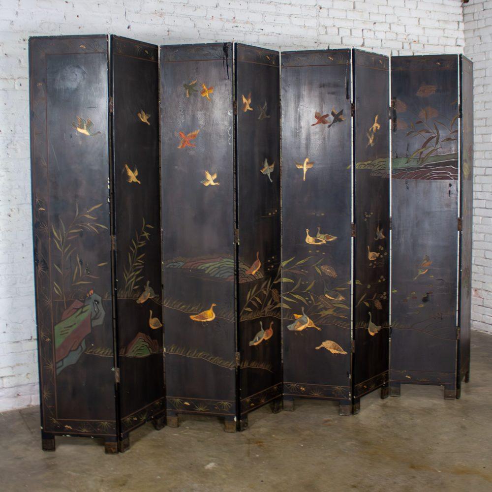 19th to 20th Century Chinese 8 Panel Black Coromandel Folding Screen w/Gilded & Hand Painted Intaglio Designs