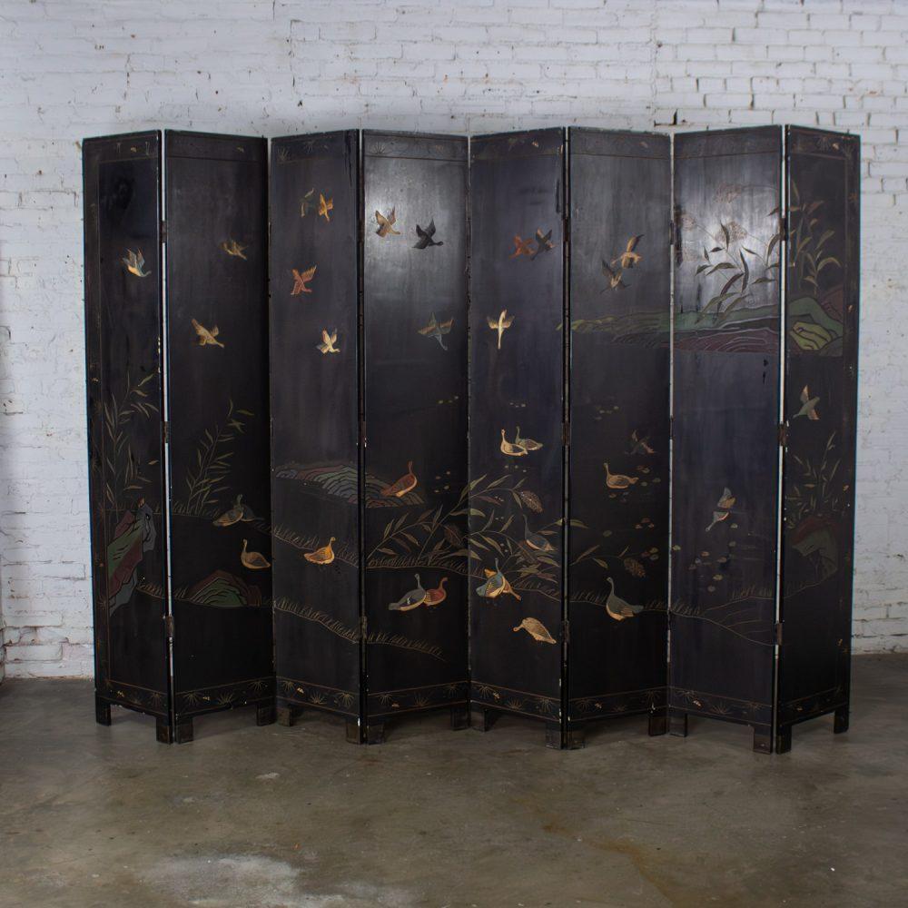 19th to 20th Century Chinese 8 Panel Black Coromandel Folding Screen w/Gilded & Hand Painted Intaglio Designs