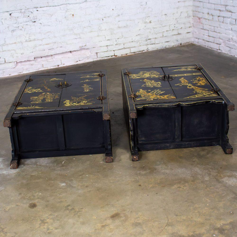 19th to 20th Century Pair of Japanese Textured Black Lacquer Chests w/Hand Painted Asian Details