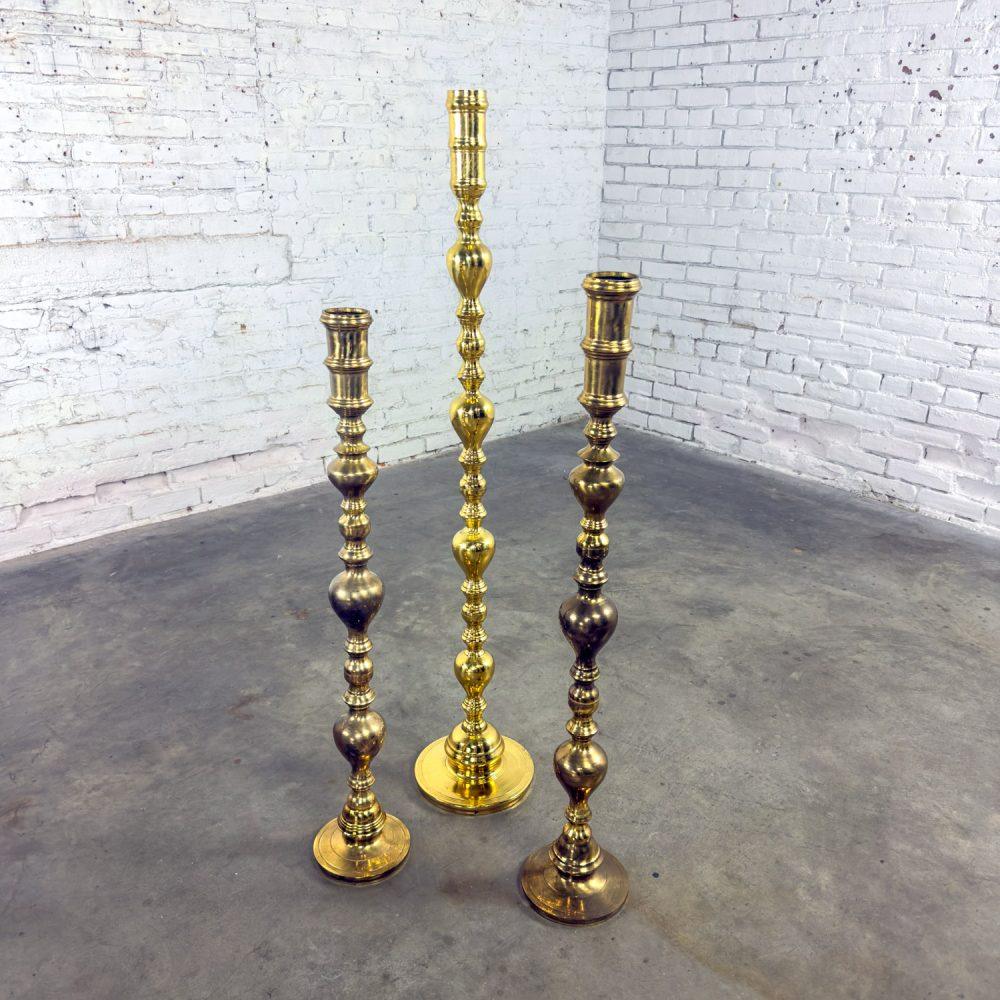 20th Century Moroccan Bohemian & Boho Chic Style Set of 3 Tiered Turned Brass Floor Candlesticks
