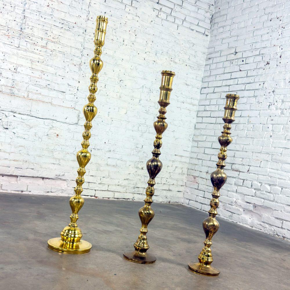 20th Century Moroccan Bohemian & Boho Chic Style Set of 3 Tiered Turned Brass Floor Candlesticks