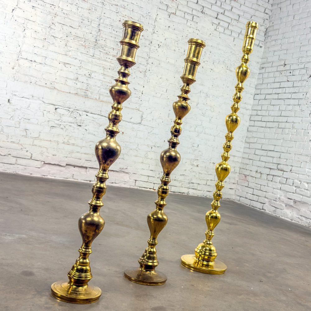 20th Century Moroccan Bohemian & Boho Chic Style Set of 3 Tiered Turned Brass Floor Candlesticks