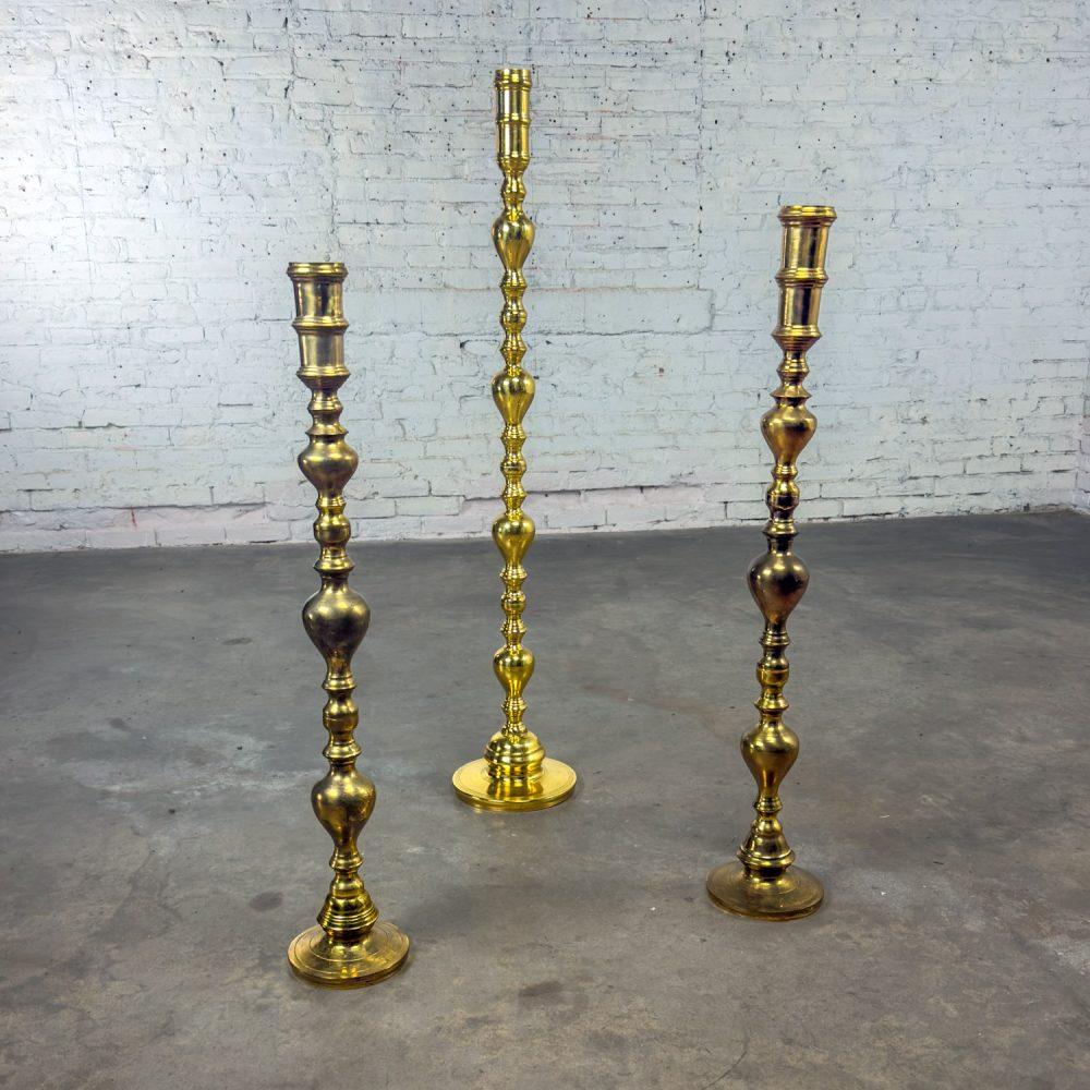 20th Century Moroccan Bohemian & Boho Chic Style Set of 3 Tiered Turned Brass Floor Candlesticks