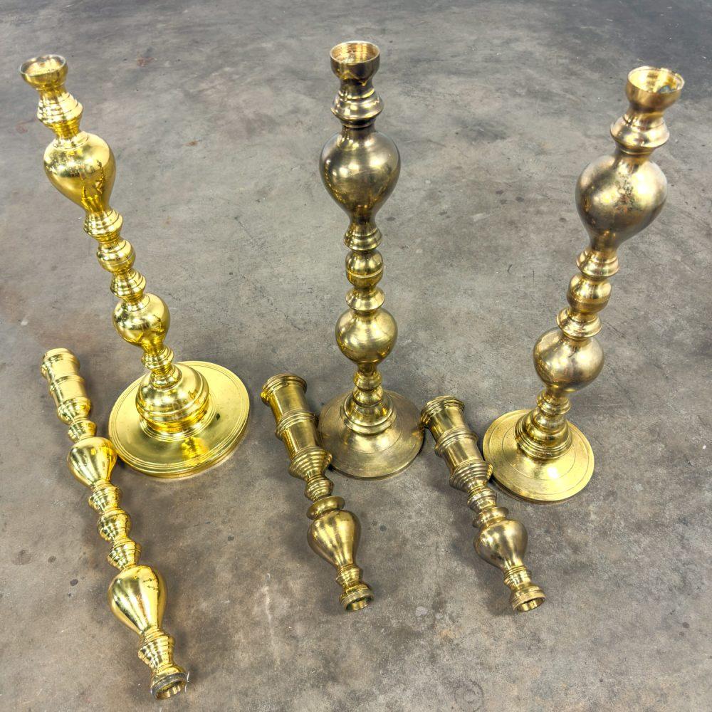 20th Century Moroccan Bohemian & Boho Chic Style Set of 3 Tiered Turned Brass Floor Candlesticks