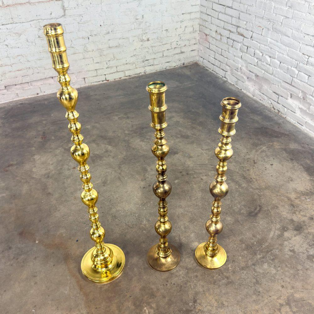 20th Century Moroccan Bohemian & Boho Chic Style Set of 3 Tiered Turned Brass Floor Candlesticks