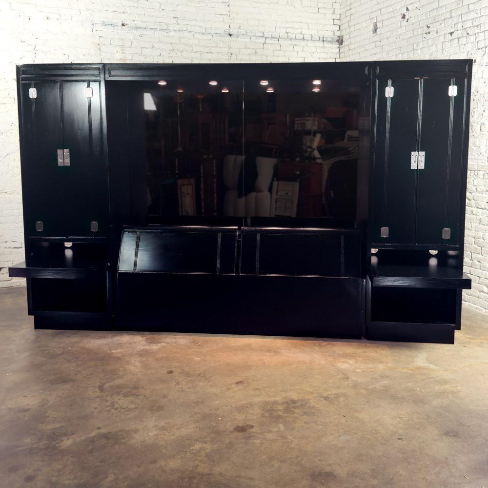 Late 20th Century Modern Campaign Henredon Black Lacquered Modular King Bed w/Side Cabinets & Back Mirror