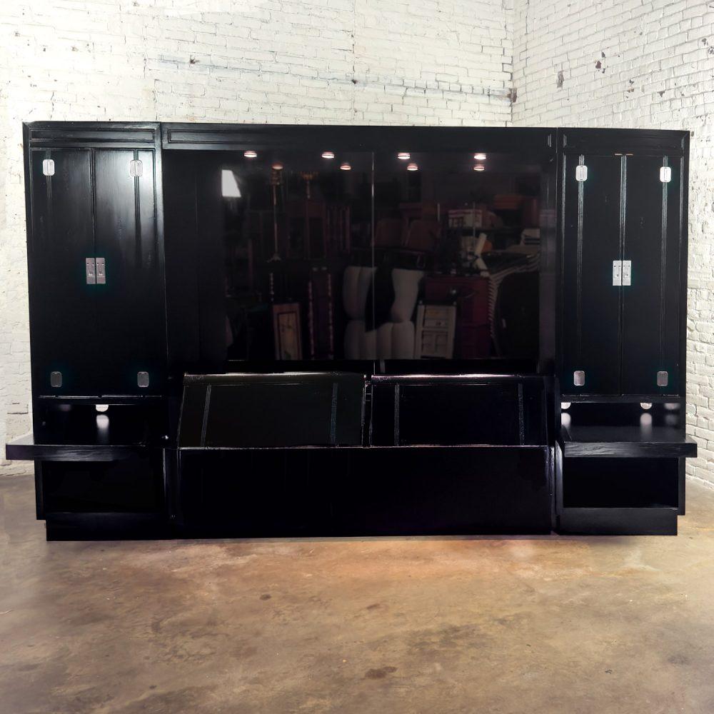 Late 20th Century Modern Campaign Henredon Black Lacquered Modular King Bed w/Side Cabinets & Back Mirror