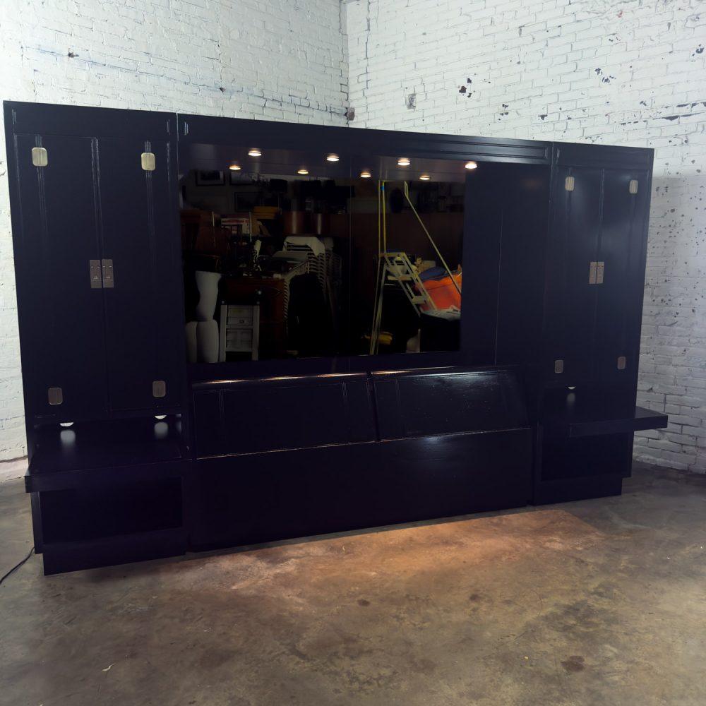 Late 20th Century Modern Campaign Henredon Black Lacquered Modular King Bed w/Side Cabinets & Back Mirror