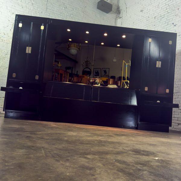 Late 20th Century Modern Campaign Henredon Black Lacquered Modular King Bed w/Side Cabinets & Back Mirror