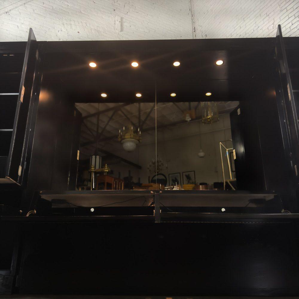 Late 20th Century Modern Campaign Henredon Black Lacquered Modular King Bed w/Side Cabinets & Back Mirror