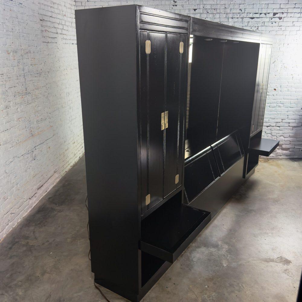 Late 20th Century Modern Campaign Henredon Black Lacquered Modular King Bed w/Side Cabinets & Back Mirror