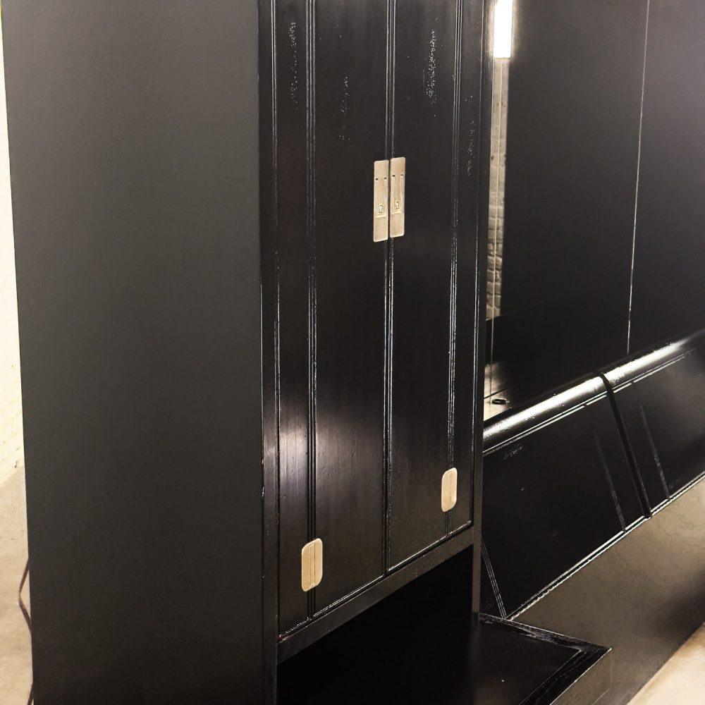 Late 20th Century Modern Campaign Henredon Black Lacquered Modular King Bed w/Side Cabinets & Back Mirror
