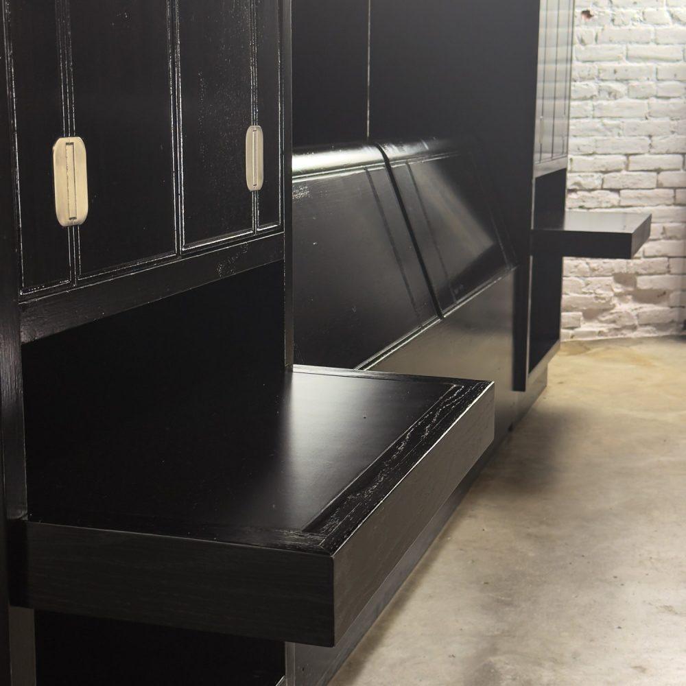 Late 20th Century Modern Campaign Henredon Black Lacquered Modular King Bed w/Side Cabinets & Back Mirror