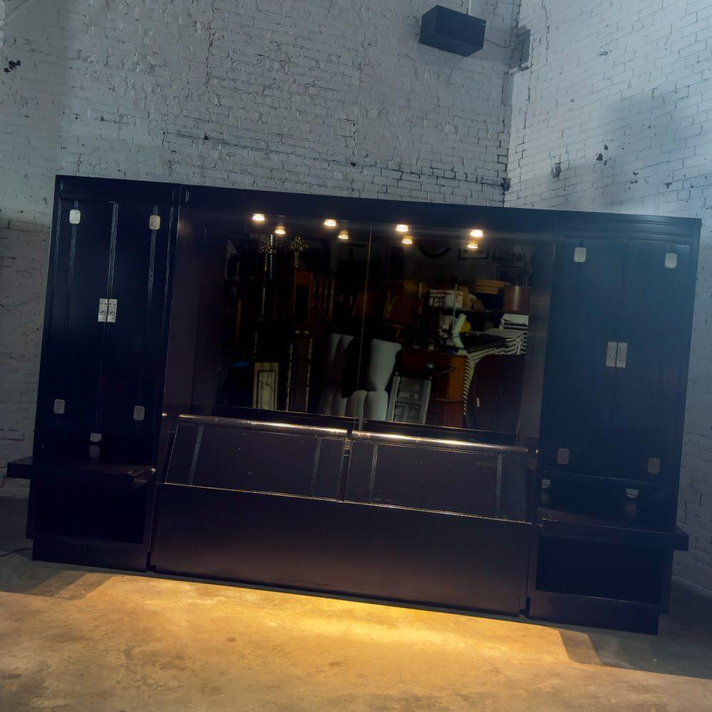 Late 20th Century Modern Campaign Henredon Black Lacquered Modular King Bed w/Side Cabinets & Back Mirror