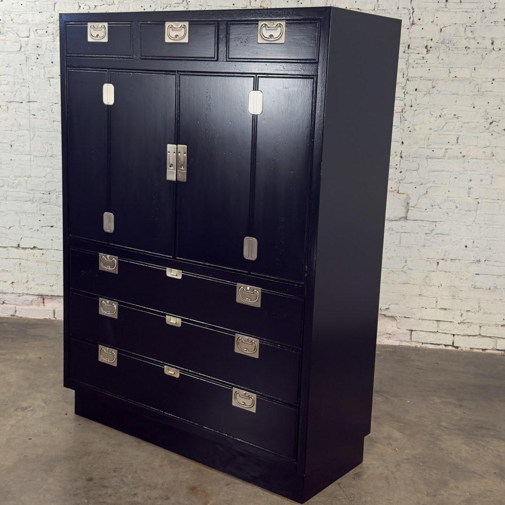 Mid to Late 20th Century Modern Campaign Henredon Black Entertainment Cabinet or Armoire