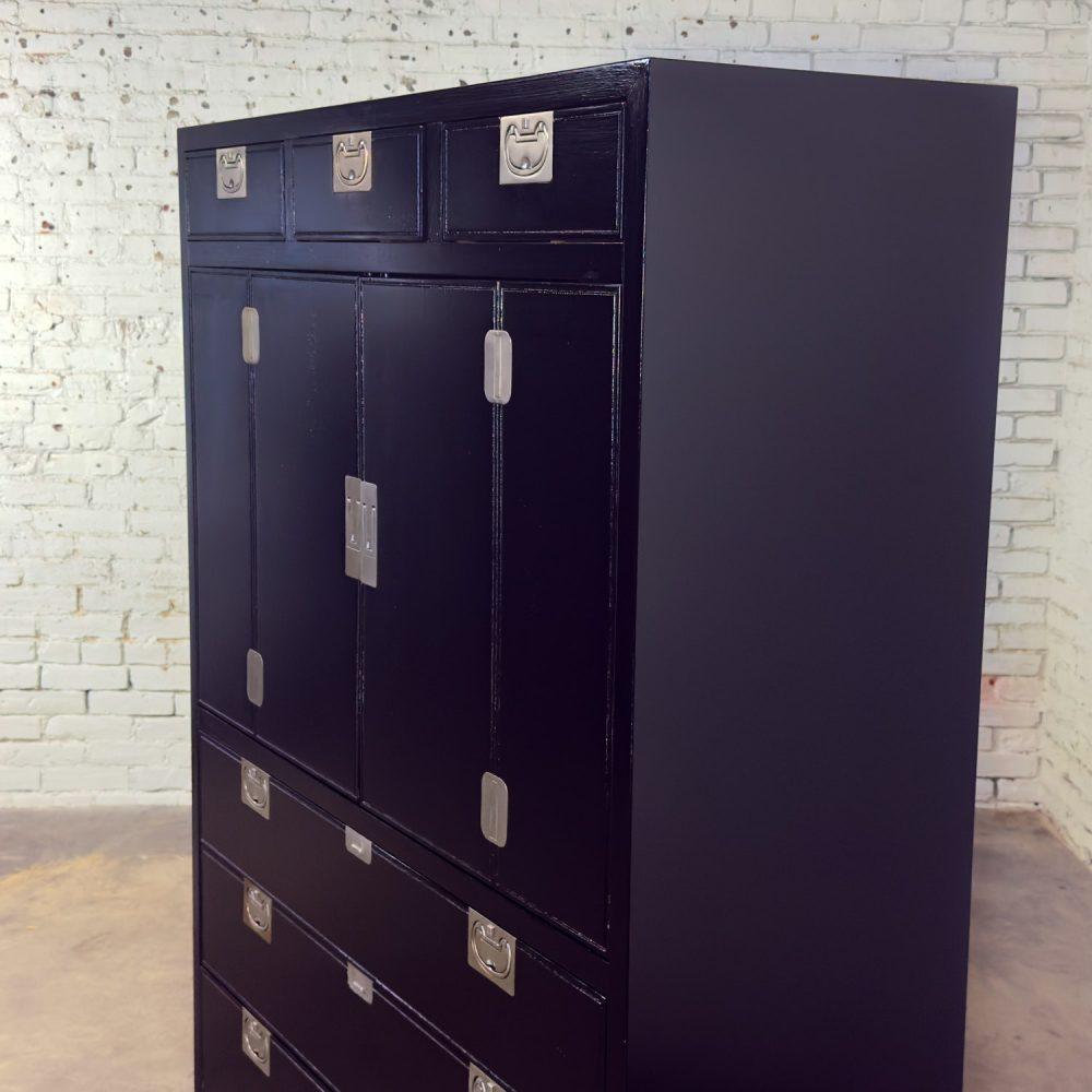 Mid to Late 20th Century Modern Campaign Henredon Black Entertainment Cabinet or Armoire