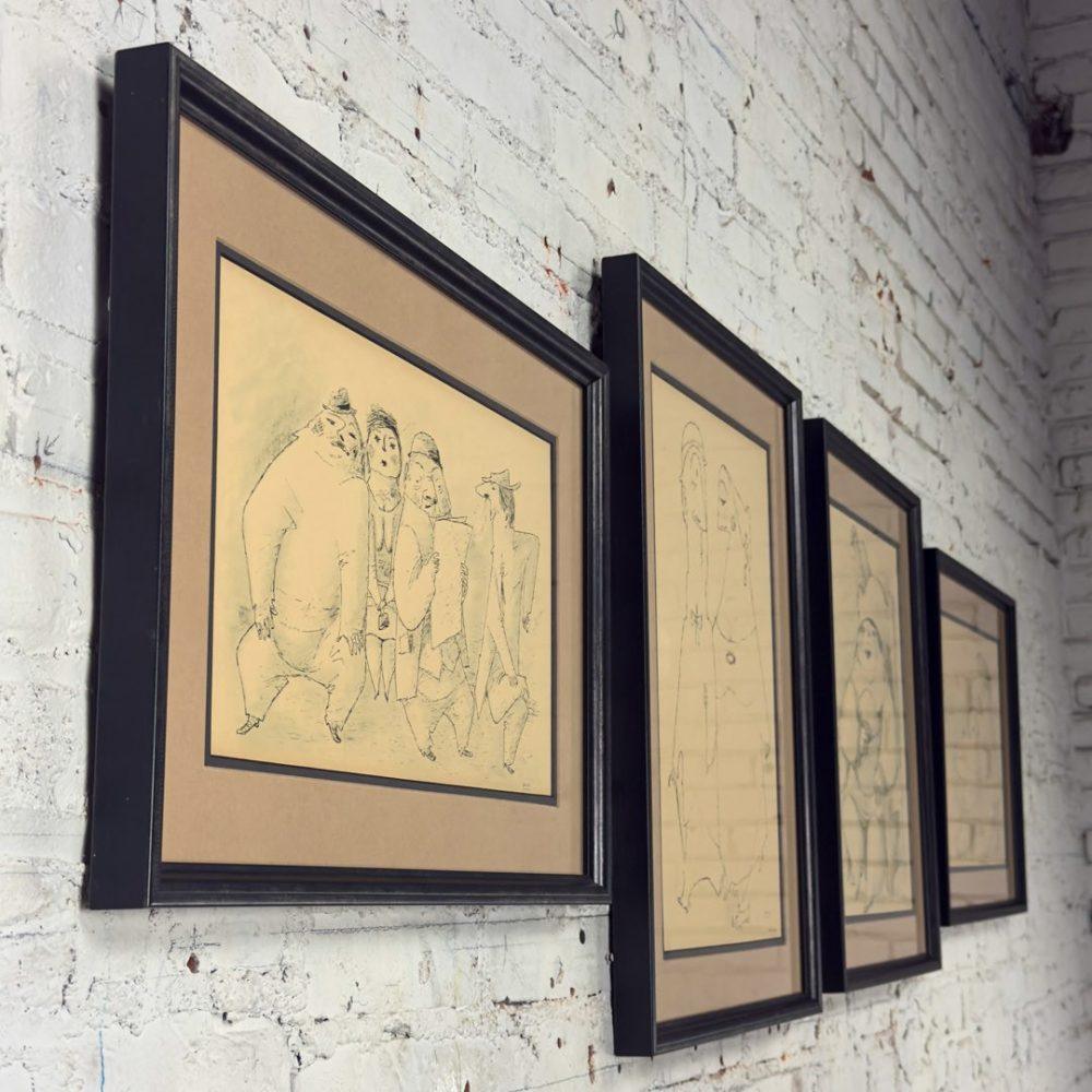 1968 Fine Art Prints by Alfonso Vila Shum Framed Sketches Set of 4 Unsigned