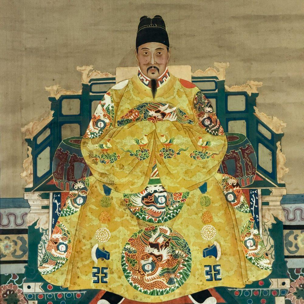 19th-20th Century Chinese Ming Dynasty Emperor Yellow Imperial Robe Hand Painted on Silk w/Black Wood Frame