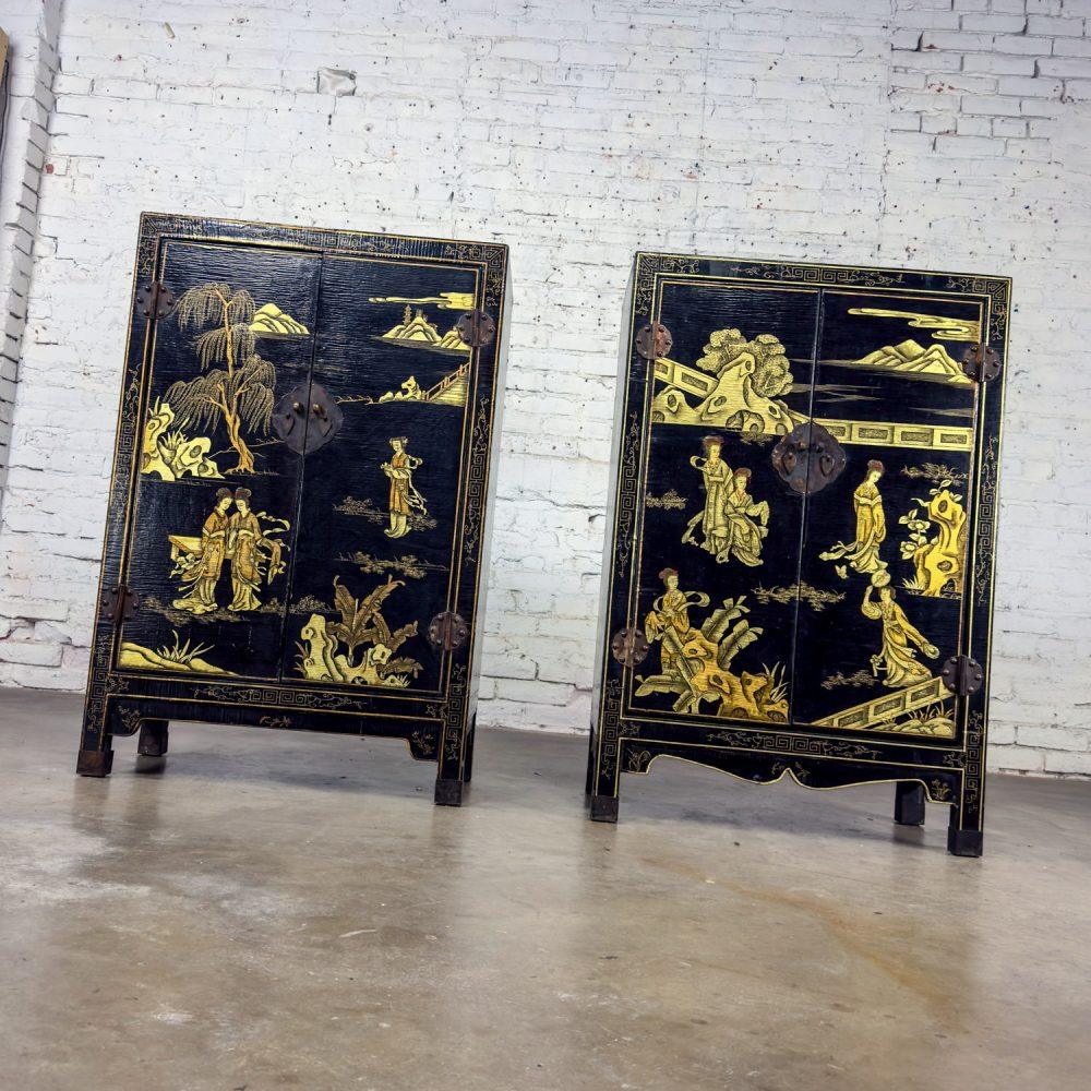 19th to 20th Century Pair of Japanese Textured Black Lacquer Chests w/Hand Painted Asian Details