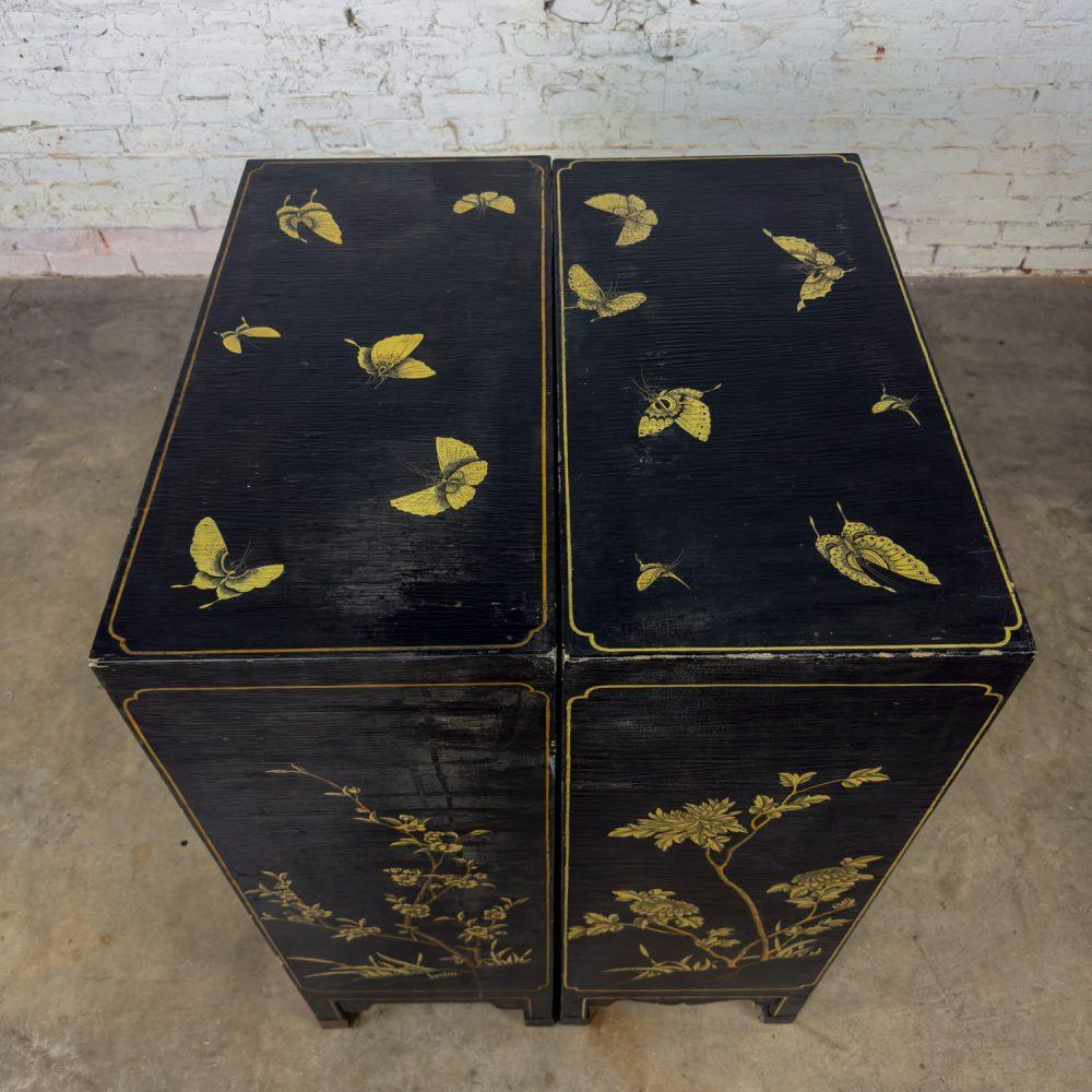 19th to 20th Century Pair of Japanese Textured Black Lacquer Chests w/Hand Painted Asian Details