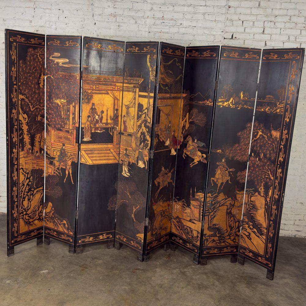 19th to 20th Century Chinese 8 Panel Black Coromandel Folding Screen w/Gilded & Hand Painted Intaglio Designs
