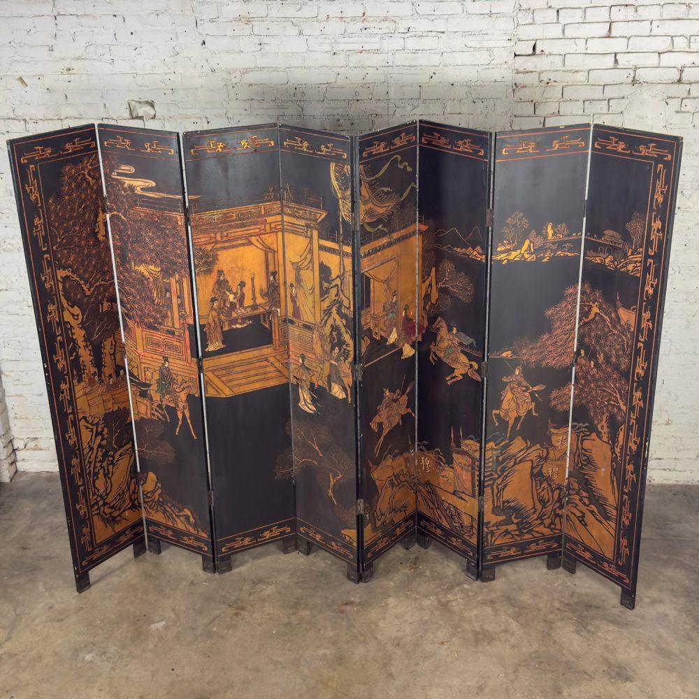 19th to 20th Century Chinese 8 Panel Black Coromandel Folding Screen w/Gilded & Hand Painted Intaglio Designs