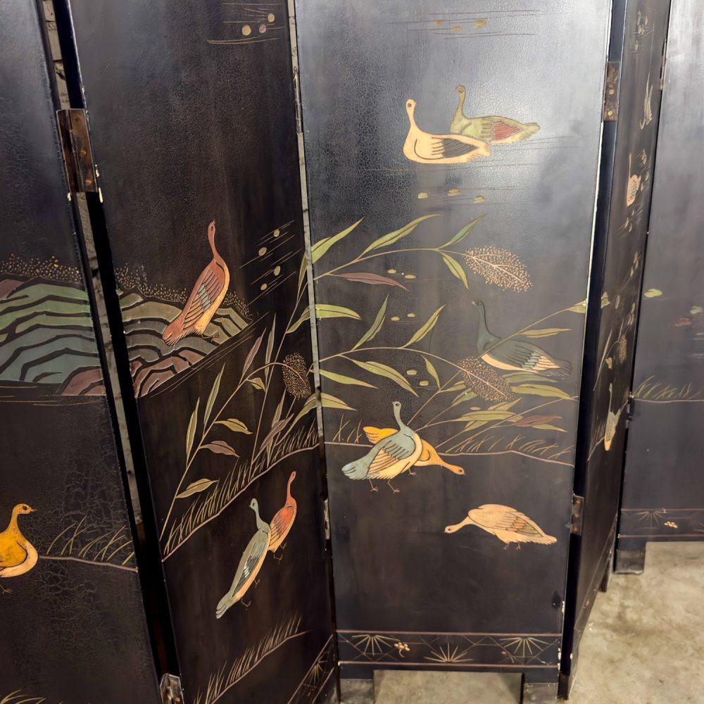 19th to 20th Century Chinese 8 Panel Black Coromandel Folding Screen w/Gilded & Hand Painted Intaglio Designs