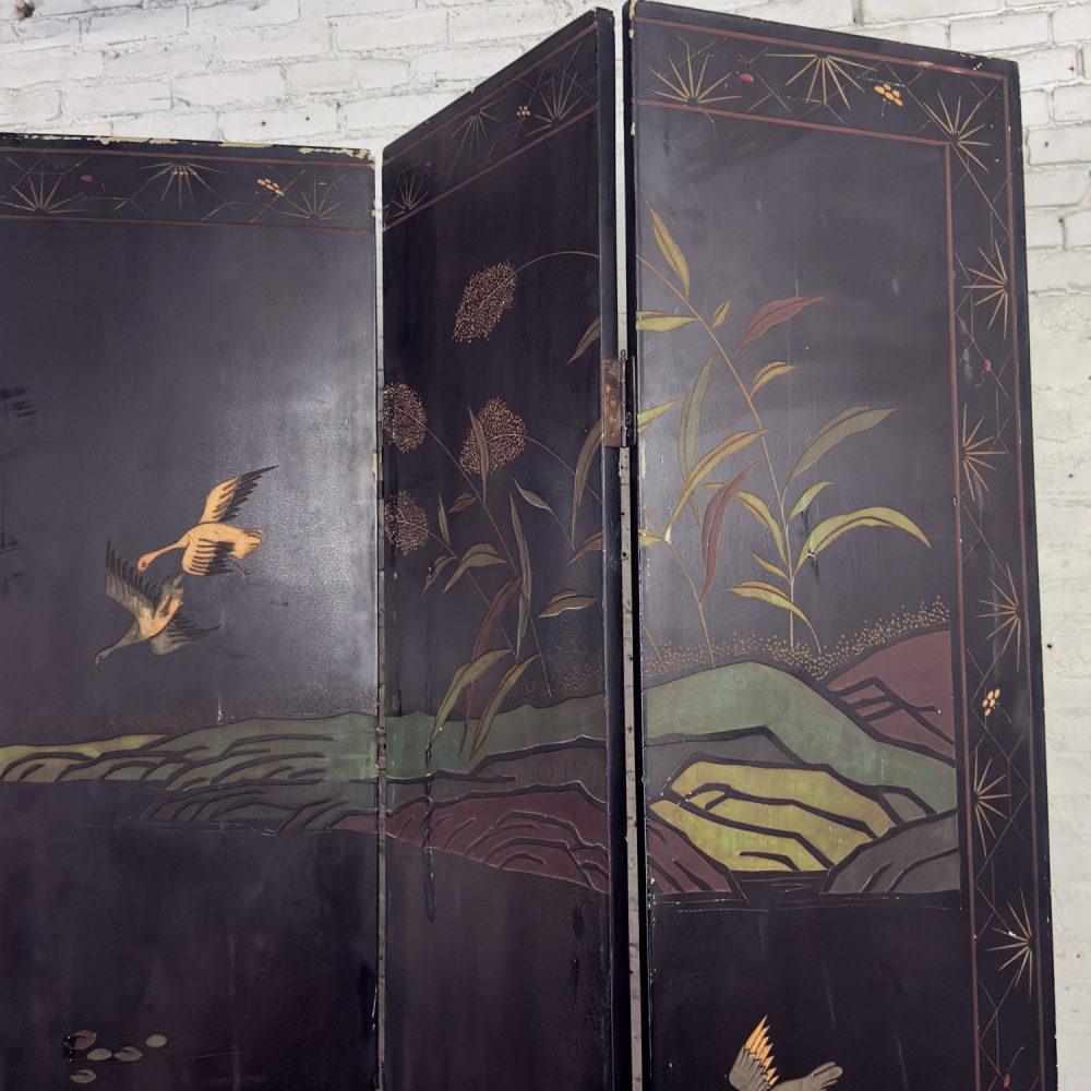 19th to 20th Century Chinese 8 Panel Black Coromandel Folding Screen w/Gilded & Hand Painted Intaglio Designs