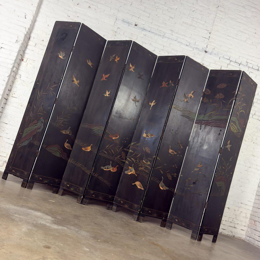 19th to 20th Century Chinese 8 Panel Black Coromandel Folding Screen w/Gilded & Hand Painted Intaglio Designs