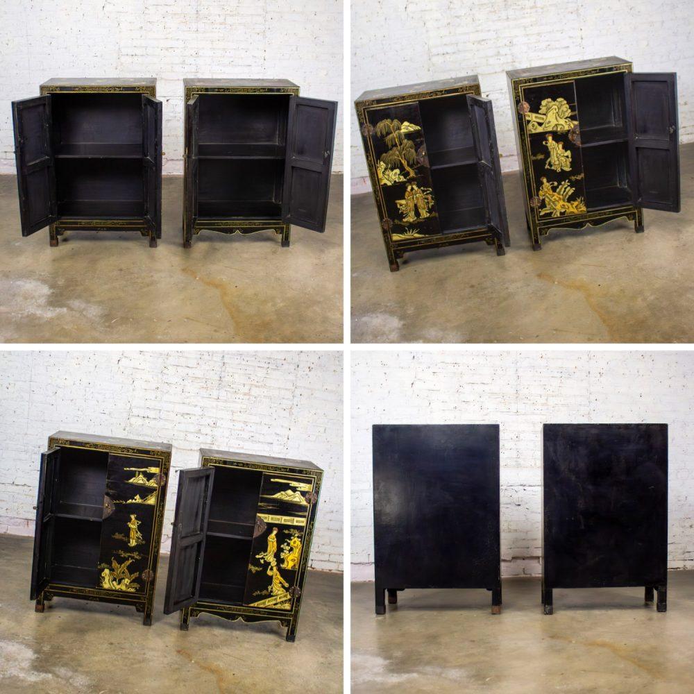 19th to 20th Century Pair of Japanese Textured Black Lacquer Chests w/Hand Painted Asian Details