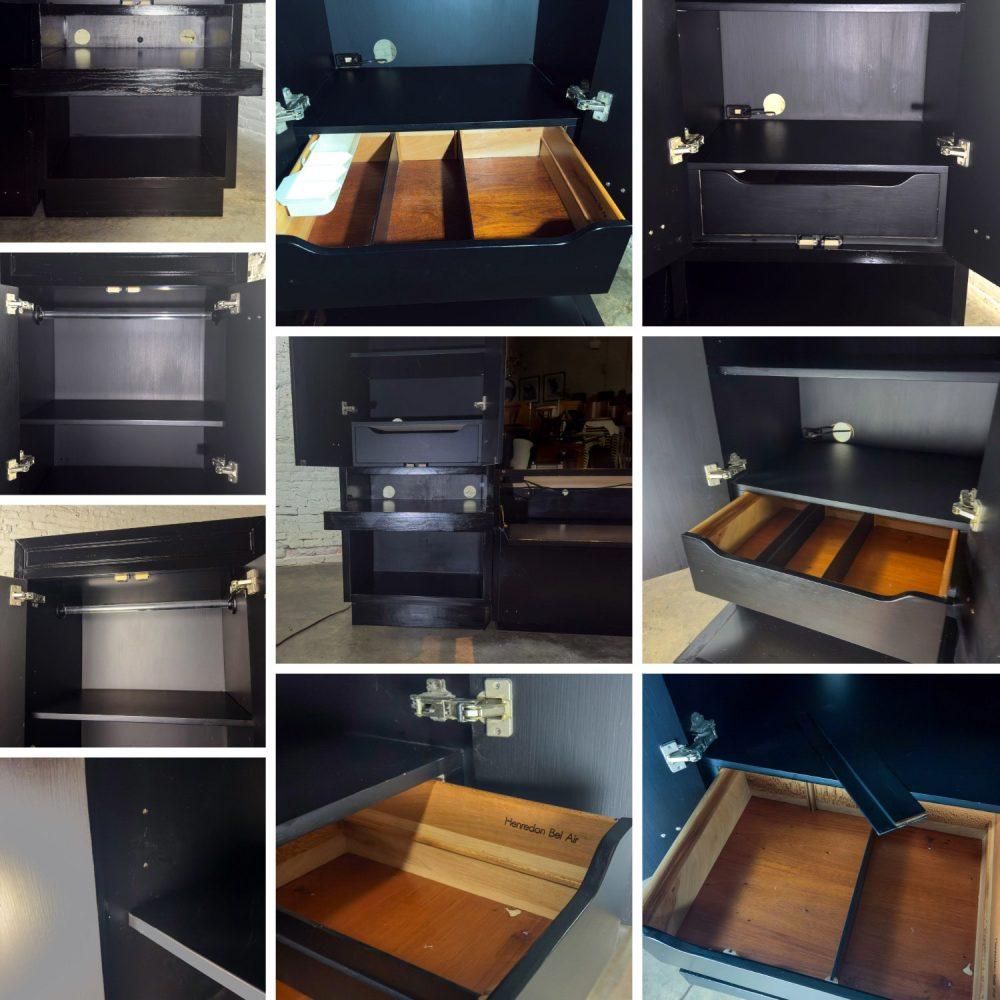 Late 20th Century Modern Campaign Henredon Black Lacquered Modular King Bed w/Side Cabinets & Back Mirror