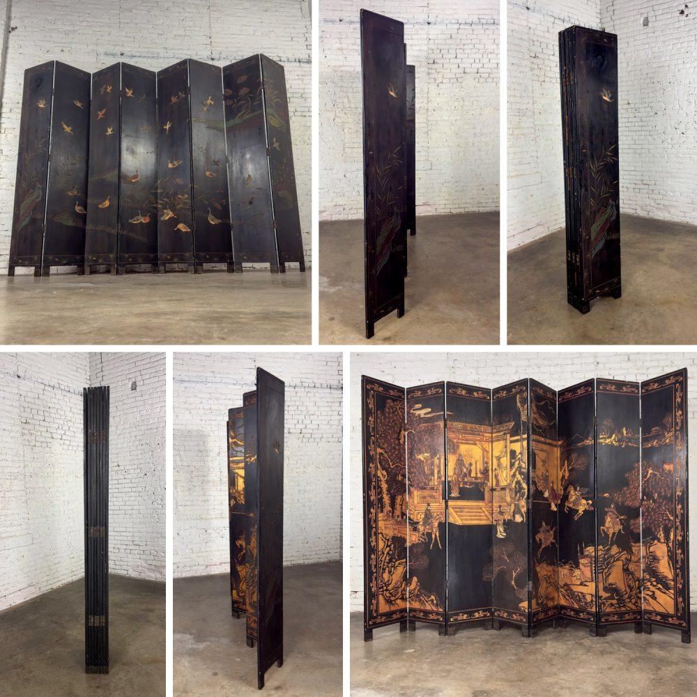 19th to 20th Century Chinese 8 Panel Black Coromandel Folding Screen w/Gilded & Hand Painted Intaglio Designs