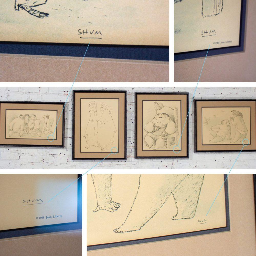 1968 Fine Art Prints by Alfonso Vila Shum Framed Sketches Set of 4 Unsigned