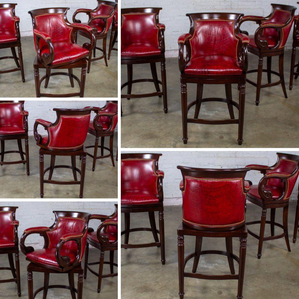 Late 20th Century Traditional Neoclassic Style Red Leather & Wood Barstools by Hancock & Moore set of 5