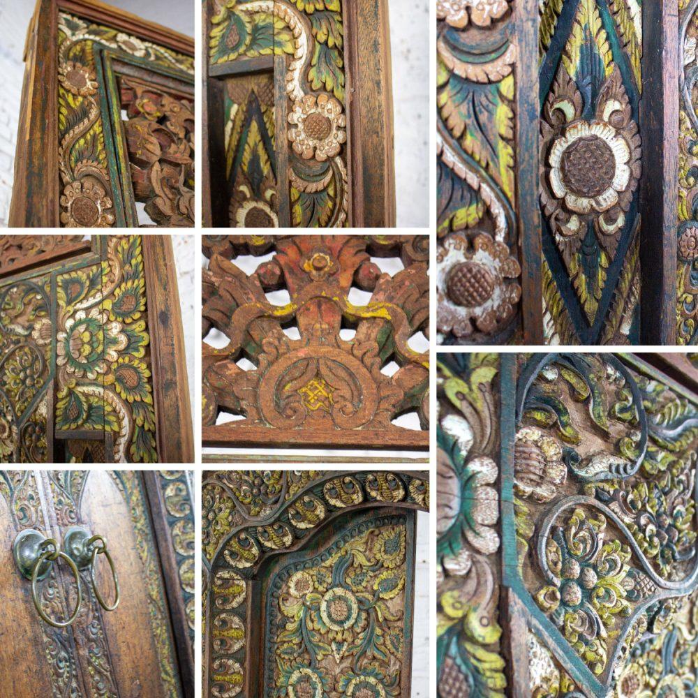 20th Century Balinese Style Asian Hand Carved & Painted Sculptural Teak Door Panel with Brass Pulls
