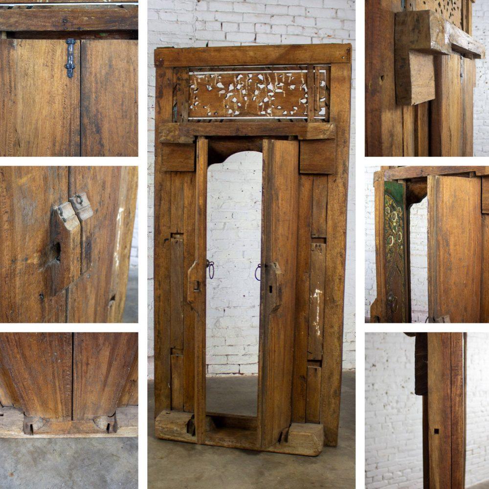 20th Century Balinese Style Asian Hand Carved & Painted Sculptural Teak Door Panel with Brass Pulls