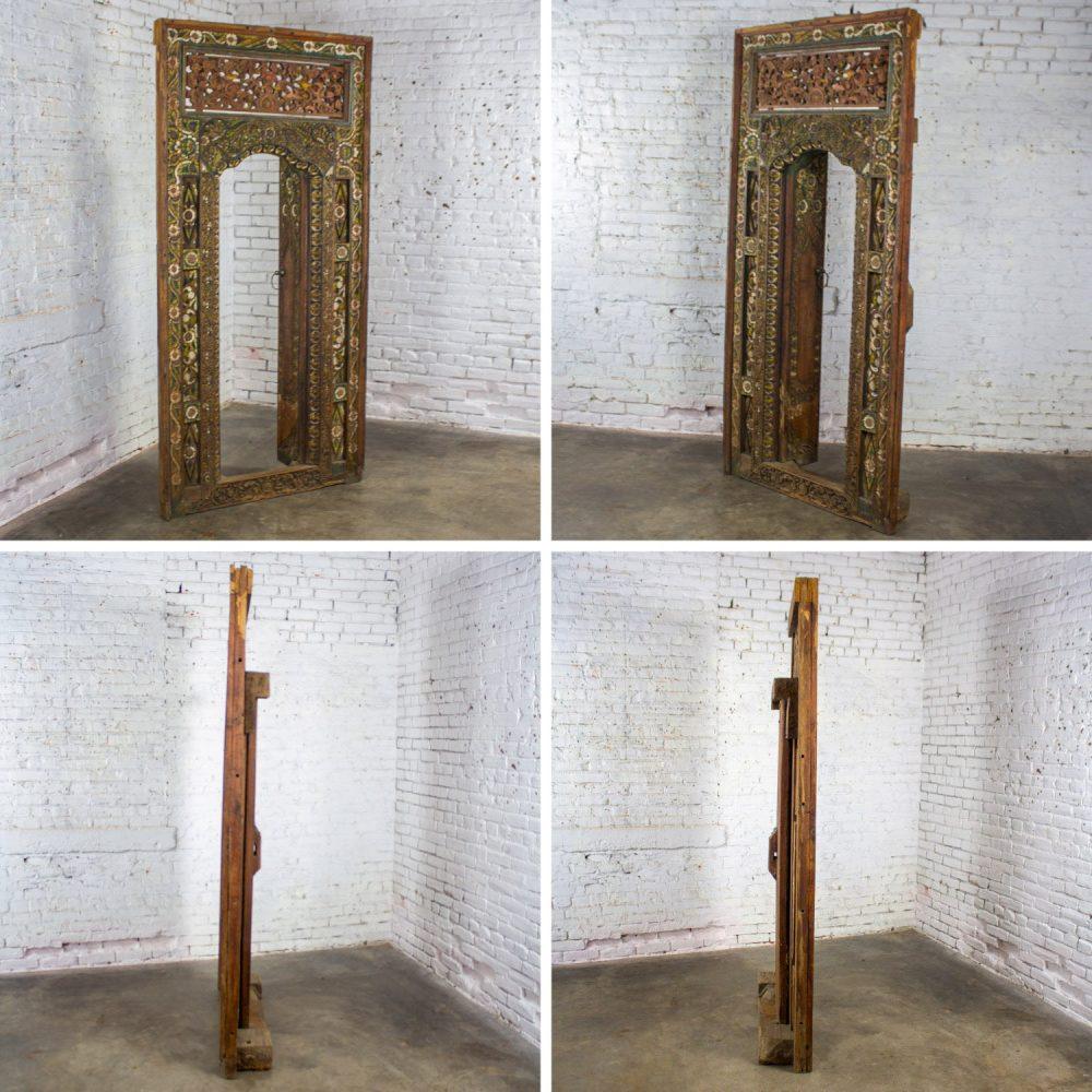 20th Century Balinese Style Asian Hand Carved & Painted Sculptural Teak Door Panel with Brass Pulls
