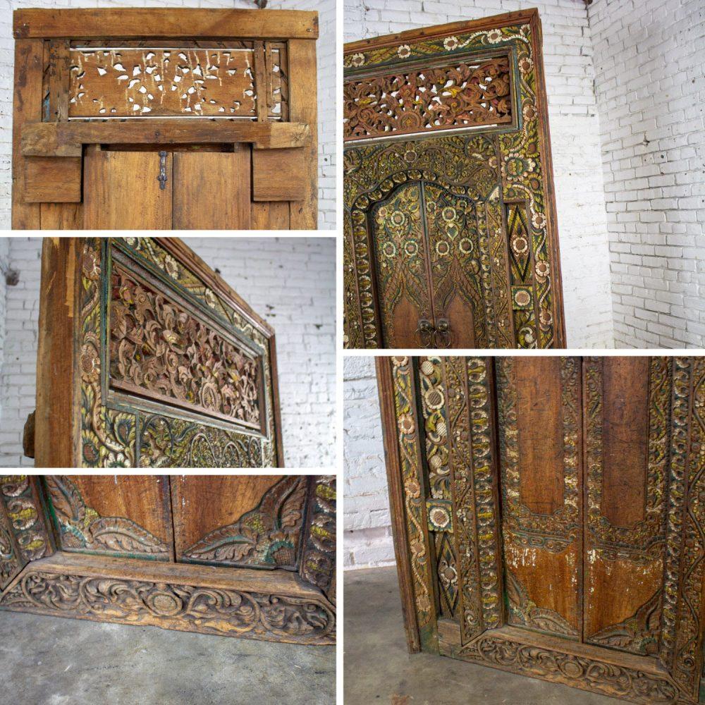 20th Century Balinese Style Asian Hand Carved & Painted Sculptural Teak Door Panel with Brass Pulls